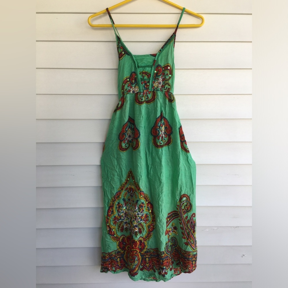 Festive Fusion Pass The Knees Flowing w/Shimmering Green Sequins Dress Size Lg